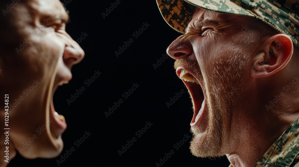Drill sergeant yelling at a recruit, intense military training scene ...