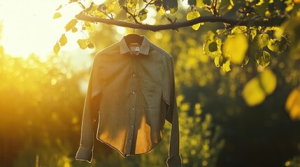 An artistic view of a shirt hanging from a tree branch in a sunny outdoor setting.