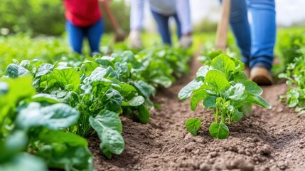 In a vibrant garden, individuals work together to nurture and cultivate leafy green plants under the warm sunlight, fostering growth and community