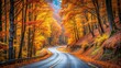 © methinee - Scenic autumn road winding through mountain forest, featuring depth of field