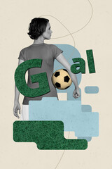 Wall Mural - Vertical poster collage sportswoman football professional player goal soccer score match league victory winner hobby field