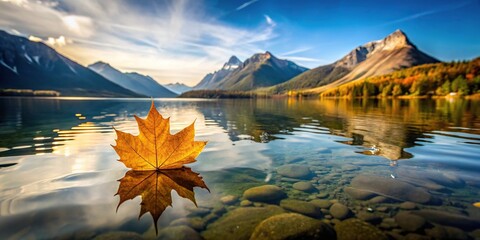 Scenic view of leaf in water with mountain reflection