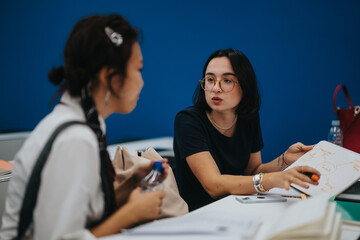 Two students engage in a classroom discussion, receiving guidance from their professor. The scene captures collaboration, learning, and focus within an academic setting.