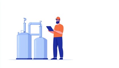 A technician using a tablet to monitor industrial machines, technology in industry, flat design, isolated on white background