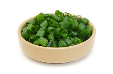 Chopped green onions on white background