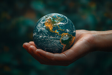 Wall Mural - a hand holding the earth as if it were fragile glass, representing the delicate balance of the envir