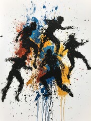 Poster - Silhouettes of dancers leap and twist, surrounded by vibrant splashes of paint in bold colors emphasizing their energetic movements