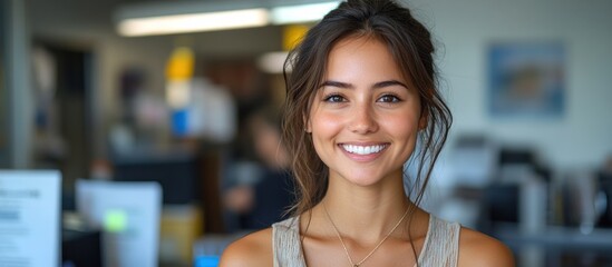 Wall Mural - Portrait of a smiling woman in an office setting.