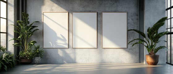 Three blank posters on a modern indoor wall with a concrete floor