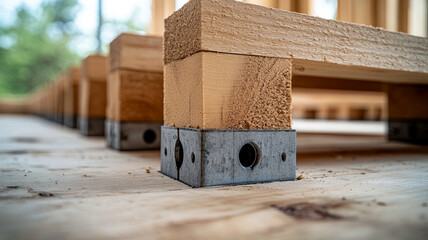 Close-up of wooden beams on a construction site