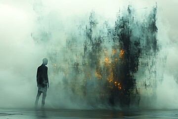 Wall Mural - A lone man silhouette standing before a mysterious, abstract structure shrouded in fog.