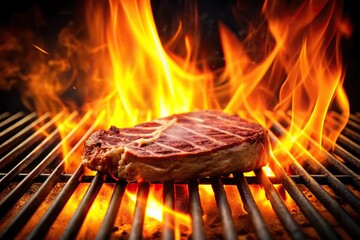 Silhouette of flame grilling meat on glowing coal grill