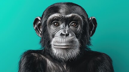 Sticker -   A close-up of a monkey's face on a blue background with a green background