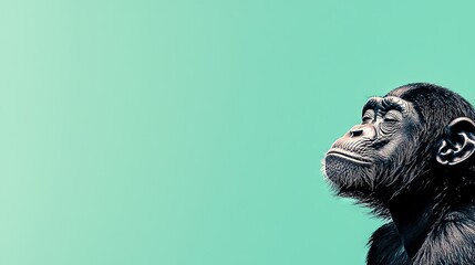 Canvas Print -   Close-up of a monkey's face against a blue and green background with a sky in the background