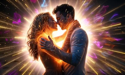 Wall Mural - a pair of lovers share a tender kiss amidst a vibrant explosion of colors and light, symbolizing the