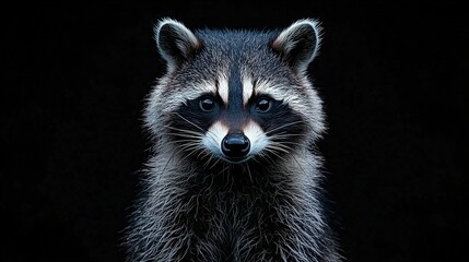 Wall Mural -   Close-up of a raccoon's face on a black background, blurred image of its head