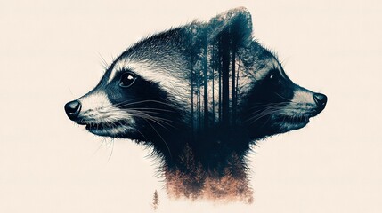 Wall Mural -   Painting of raccoon head, surrounded by tree background