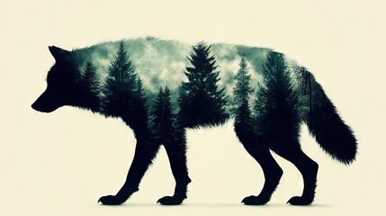 Wall Mural -   Wolf on white background with trees behind and cloud-filled sky above