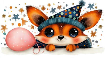 Wall Mural -   A little fox in a party hat holds a balloon with confetti sprinkles