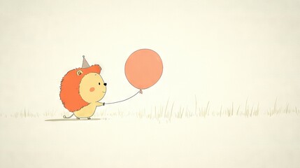 Wall Mural -   A hedge wearing a party hat holds two balloons in a grass field surrounded by tall grass