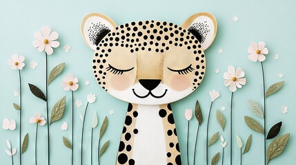 Wall Mural -   A beautiful paper mache cheetah among a field of flowers and daisies on a blue backdrop