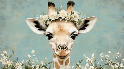 Canvas Print -   A painting of a giraffe wearing a flower crown and holding flowers in its hair