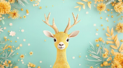 Wall Mural -  A Deer's Head in a Yellow Flower Daisy Teal Background Painting