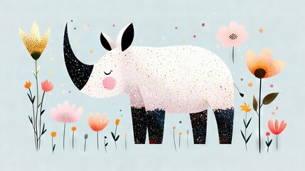 Wall Mural -   A stunning image of a white rhino surrounded by vibrant daisies and flowers against a blue canvas