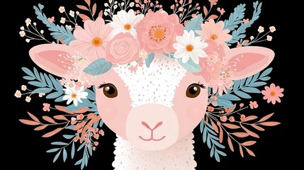 Wall Mural -   A sheep with a wreath of flowers on its head and a flower crown on its head