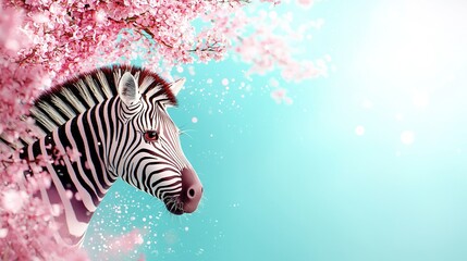 Canvas Print -   A close-up of a zebra near a tree with pink flowers in the foreground and a blue sky in the background