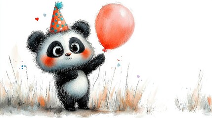 Wall Mural -   Panda with Party Hat and Red Balloon Heart