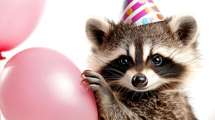 Wall Mural -   Raccoon in Party Hat & Balloon