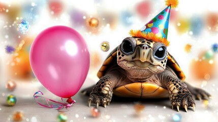 Wall Mural -   A tortoise adorned with a party hat and birthday hat, complete with a balloon in front and confetti on its back