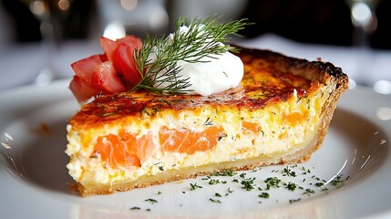 Wall Mural -   Quiche on white plate with sour cream and dill garnish