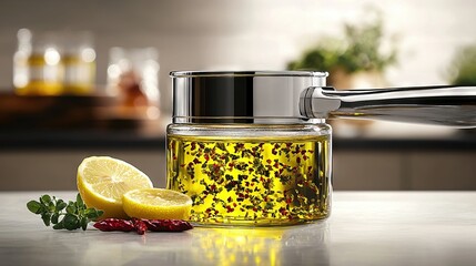 Wall Mural -   A glass jar brimming with golden liquid sits beside a lemon wedge and a sprig of parsley on a kitchen counter