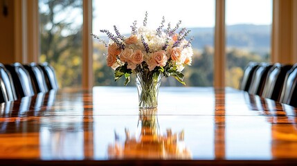 Poster -   A vase of flowers sits atop a table, framing a window's view of the outdoors