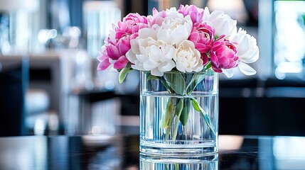 Wall Mural -   A vase brimming with pink and white blossoms perched atop a table, adjacent to another glass vase filled with white and pink blooms