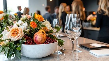 Poster -   A bowl of fruit and flowers sit on a table next to wine glasses and a tabletop, with people in the background