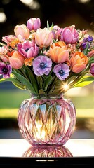 Poster -   A table with a vase brimming with flowers sits beside a purple and orange flower-filled glass vase