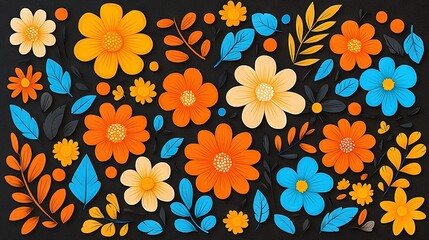 Wall Mural -   A macro shot of a collection of colorful blossoms on a dark canvas featuring orange, blue, and yellow hues