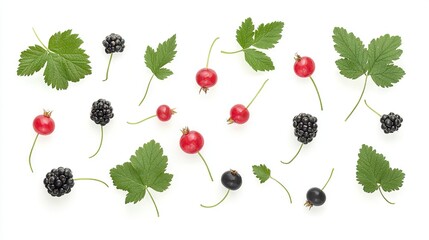 Wall Mural -   Blackberries and raspberries on white background with leaves on sides of image