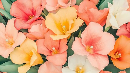 Wall Mural -   Close-up of a bouquet of flowers with leaves surrounding the base of the petals and centered at the base