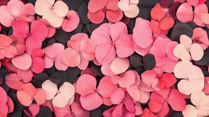 Wall Mural -   A vibrant arrangement of pink and red blooms against a dark backdrop, featuring delicate petals at their center