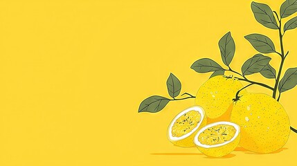 Wall Mural -   Lemons rest atop a yellow table near a green leafy branch, set against a yellow backdrop