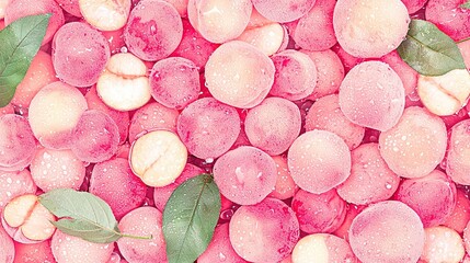 Wall Mural -   Close-up photo of a pile of fruits with leaves and droplets of water