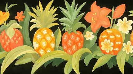 Poster -   Pineapples, Oranges, and Flowers on Black Background