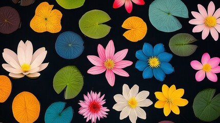 Wall Mural -   A vibrant collection of flowers and foliage bobbing atop a serene body of water, adorned with dewdrops on their blossoms