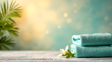 Poster - Freshly stacked turquoise towels sit beside a delicate flower and vibrant greenery, creating a calming atmosphere with a soothing background