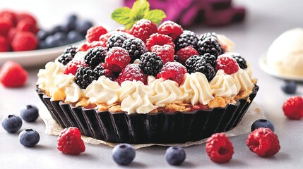 Wall Mural -   A close-up of a cake on a table, adorned with berries and ice cream In the background is a plate brimming with raspberries and blueberries