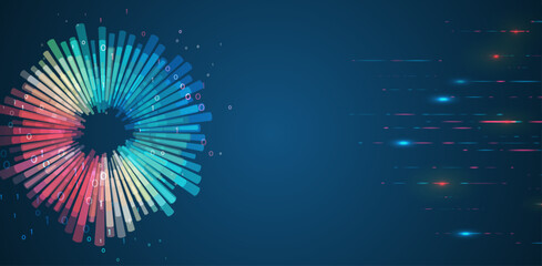 Poster - Artificial intelligence, business analytics. An array of information in the form of a disk. Large data stream on a dark background, glowing lines and circles. Data set analysis and visualization.